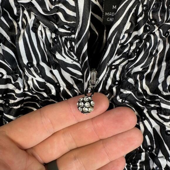 Adressing Jacket Womens Medium Black White Zebra Print Sequins Crinkle Embellish - Picture 3 of 14